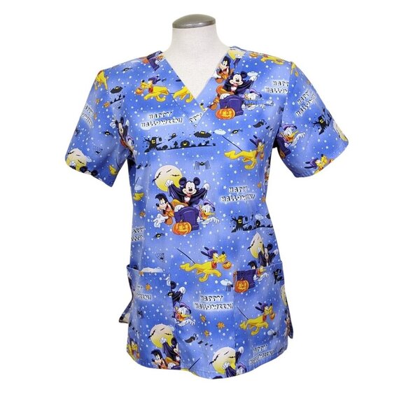 Disney Mickey Mouse Women Size XS Halloween Scrub Top Blue Medical Dental Office - Picture 1 of 6